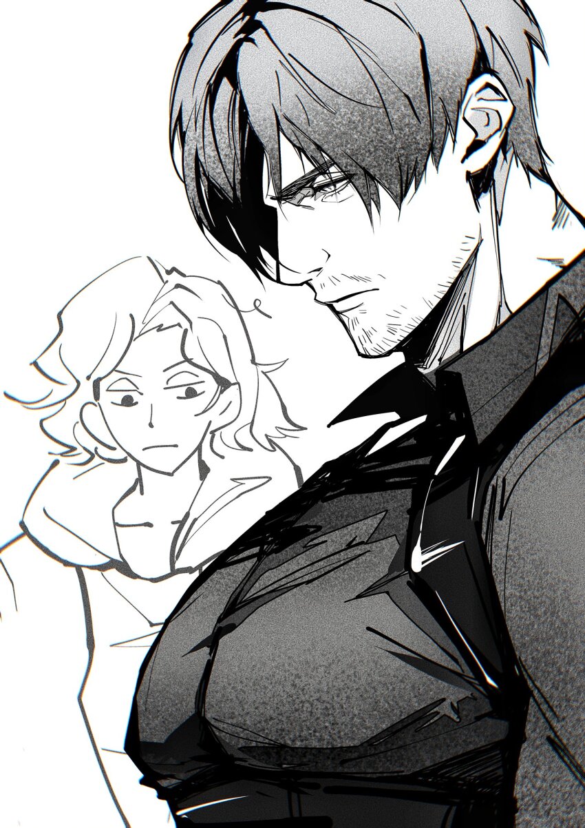 1boy, 1girl, beard_stubble, black_shirt, c138300, chest_harness, closed_mouth, collared_shirt, commentary, facial_hair, from_side, grace_ashcroft, greyscale, harness, highres, large_pectorals, leon_s._kennedy, looking_at_pectorals, looking_down, mature_male, monochrome, pectorals, resident_evil, resident_evil_requiem, shirt, short_hair, simple_background, stubble, upper_body, white_background