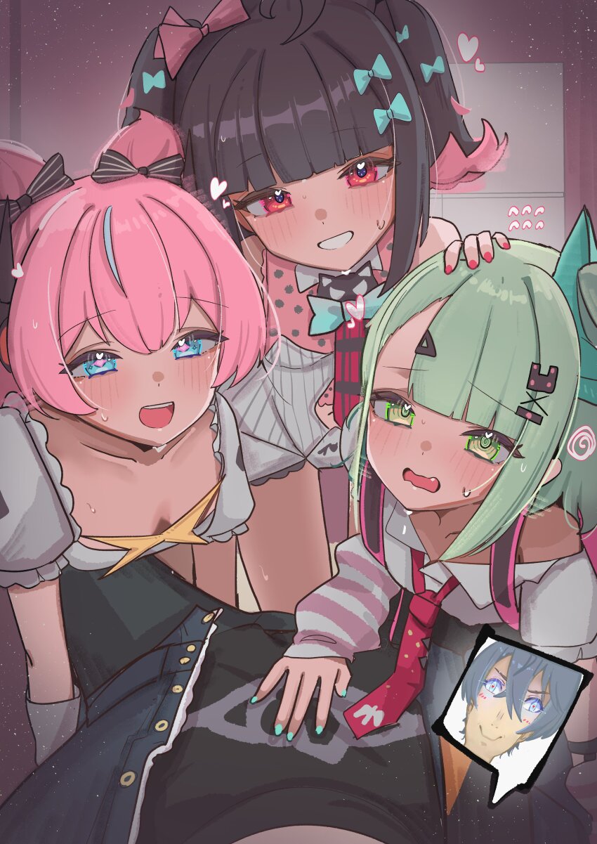 1boy, 3girls, :d, absurdres, ahoge, angels_of_delusion, aqua_bow, aqua_eyes