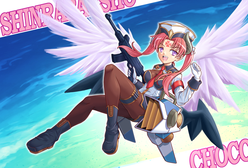 1girl, ankle_boots, armband, between_breasts, black_boots, black_hat, black_shirt, black_skirt