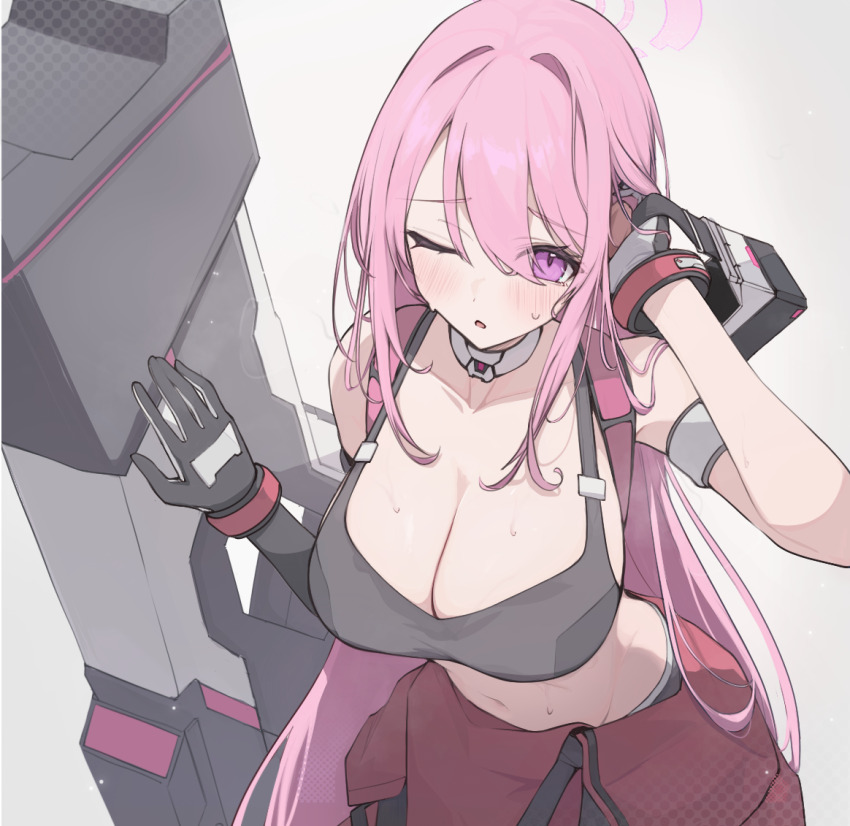 1girl, black_gloves, black_sports_bra, blue_archive, breasts, cleavage, clothes_around_waist, commentary_request