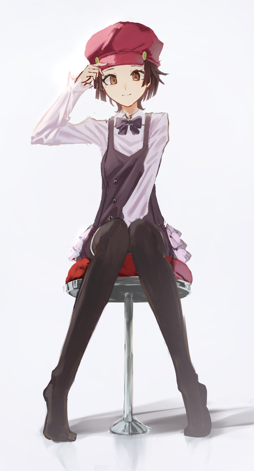 1girl, absurdres, adjusting_clothes, adjusting_headwear, between_legs, black_bow, black_bowtie, black_thighhighs