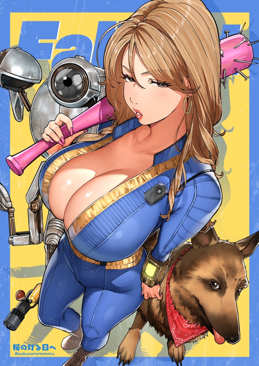 1girl, baseball_bat, blue_jumpsuit, breasts, brown_eyes, brown_hair, cleavage, collarbone, commentary, dog, earrings, fallout, highres, holding, holding_baseball_bat, hoop_earrings, jewelry, jumpsuit, large_breasts, long_hair, looking_at_viewer, mature_female, mister_handy_(fallout), nail_(hardware), nail_bat, open_mouth, original, pip_boy, red_scarf, robot, sakura_no_tomoru_hi_e, scarf, standing, untranslatable_commentary, vault_suit, wrist_computer
