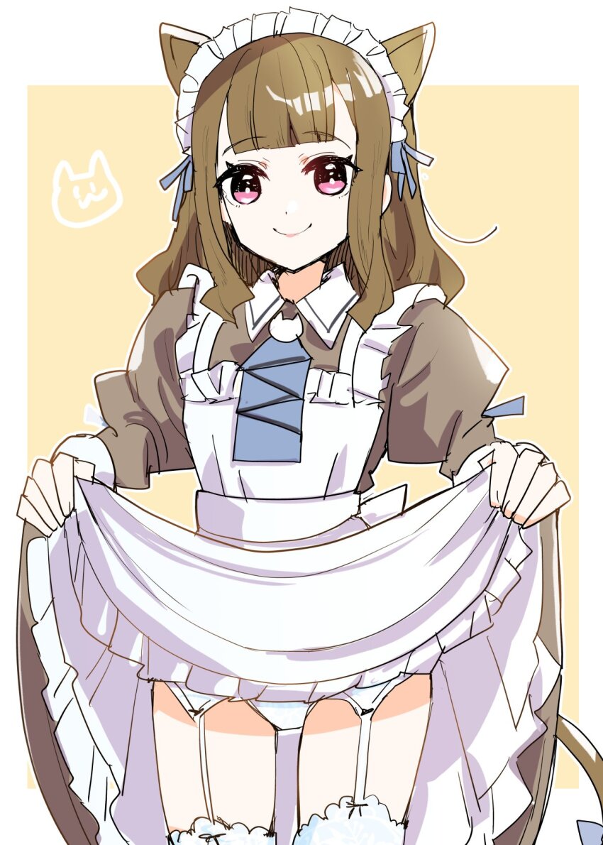 1girl, animal_ears, apron, border, brown_dress, brown_hair, cat_ears, cat_girl, cat_tail, closed_mouth, clothes_lift, commentary_request, cowboy_shot, dress, dress_lift, frilled_apron, frills, garter_belt, highres, kachimachi_kosuzu, kanduki_kamibukuro, lifting_own_clothes, link!_like!_love_live!, long_hair, looking_at_viewer, love_live!, maid, maid_apron, maid_headdress, nyan_nyan_nyan_fair_in_gamers, outside_border, panties, purple_eyes, side_ahoge, sidelocks, simple_background, smile, solo, split_mouth, tail, thighhighs, underwear, virtual_youtuber, white_apron, white_border, white_panties, white_thighhighs, yellow_background