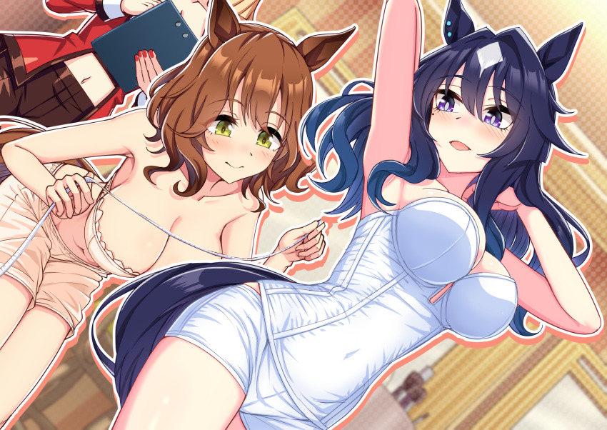 3girls, animal_ears, aston_machan_(umamusume), beauty_anshinzawa, black_shorts, blonde_hair, blue_eyes, blue_hair