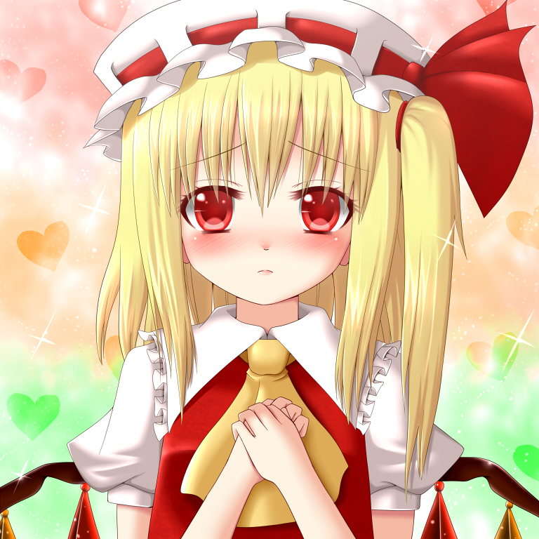 1girl, ascot, blonde_hair, blush, dotera, female_focus, flandre_scarlet, frills, hanazome_dotera, hands_on_own_chest, hat, heart, red_eyes, short_hair, side_ponytail, solo, sparkle, embodiment_of_scarlet_devil, touhou, upper_body, wings
