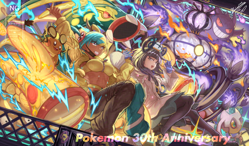 2girls, aqua_hair, bandeau, belt, black_dress, black_hair, black_mask, blonde_hair