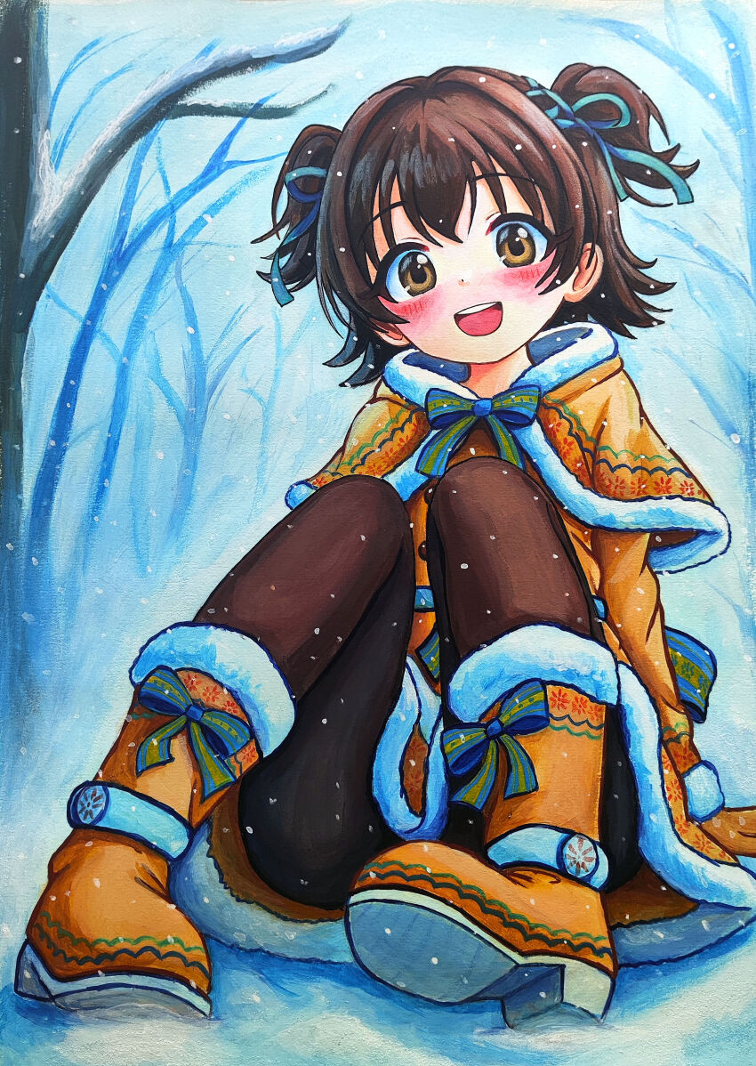 1girl, :d, absurdres, acrylic_paint_(medium), akagi_miria, bare_tree, black_pantyhose, blue_ribbon