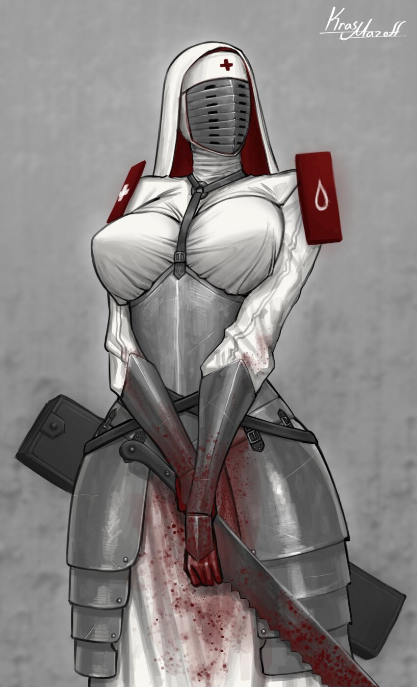 1girl, armor, artist_name, belt, blood, blood_on_hands, bloody_weapon, bonesaw