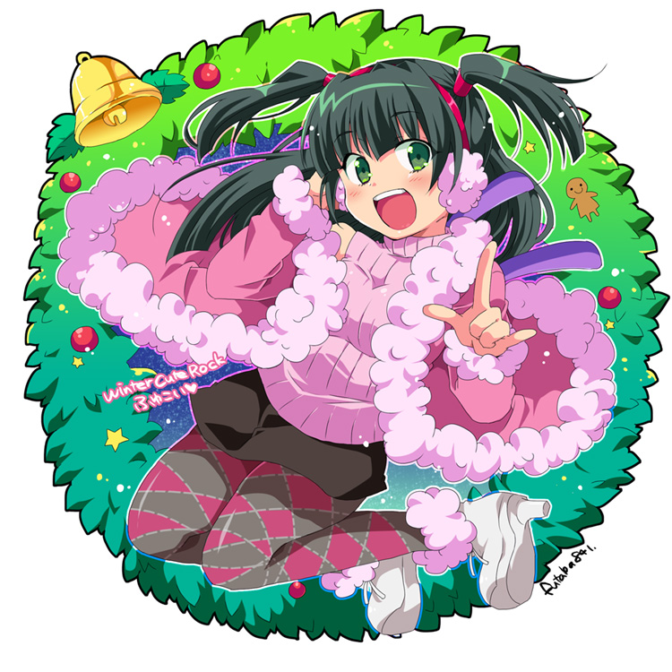 1girl, bare_shoulders, bell, bemani, black_hair, blush, breasts, cardigan