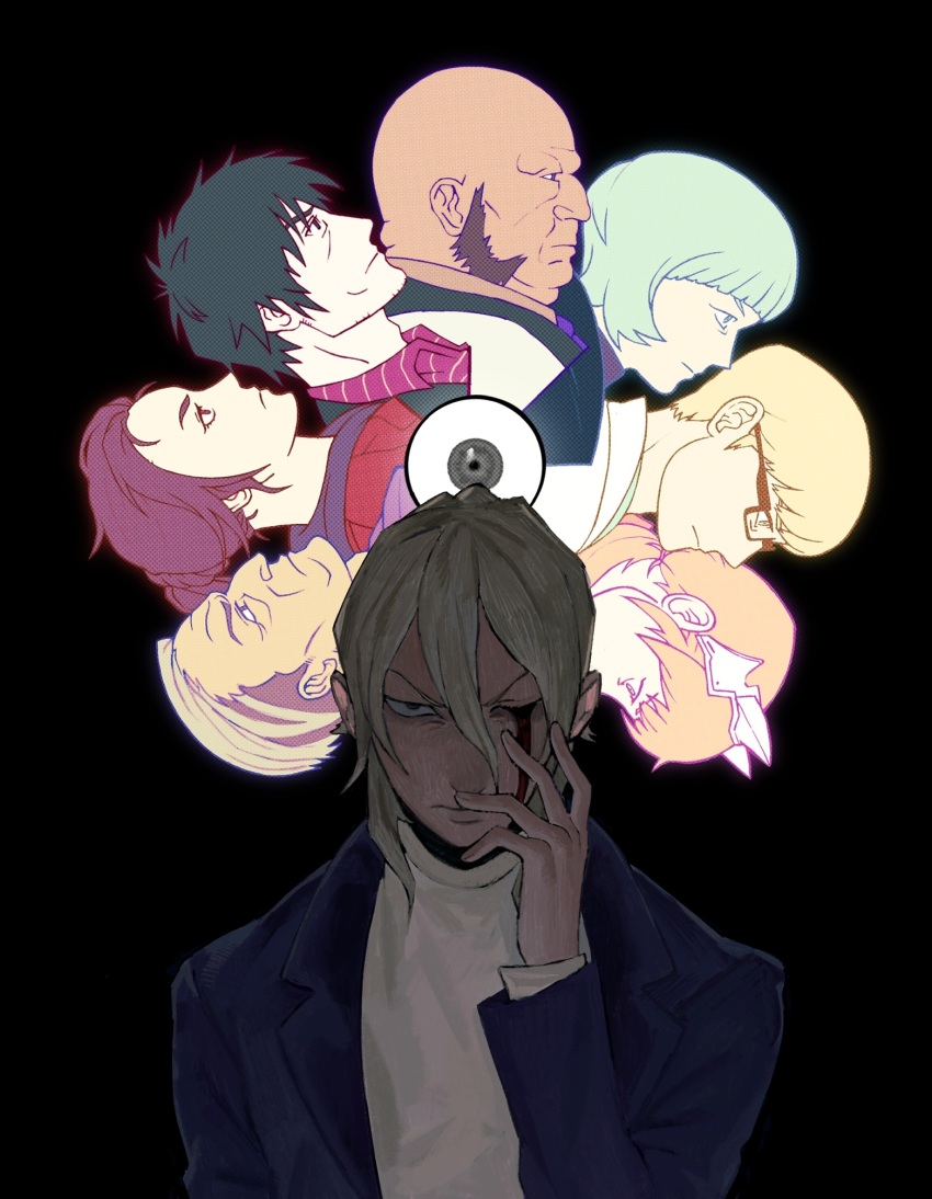 3girls, ai_the_somnium_files, black_background, black_hair, blonde_hair, blood, bloody_tears, blue_jacket