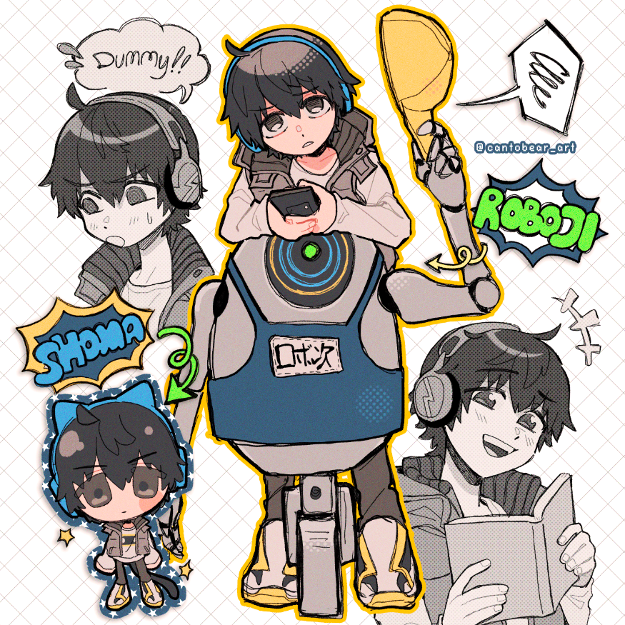 +++, 1boy, ahoge, ai_the_somnium_files, ai_the_somnium_files:_nirvana_initiative, animal_ear_headphones, animal_ears, baseball_cap, blush, book, cantobear, cat_ear_headphones, cat_ears, commentary, enda_shouma, english_commentary, fake_animal_ears, grey_pants, grey_vest, hands_up, hat, headphones, holding, holding_book, holding_unworn_clothes, holding_unworn_hat, long_sleeves, multiple_views, open_mouth, pants, parted_lips, robot, shirt, shoes, simple_background, sneakers, spoken_squiggle, squiggle, sweat, unworn_hat, unworn_headwear, vest, wheel, white_background, white_shirt, white_shoes, yellow_hat