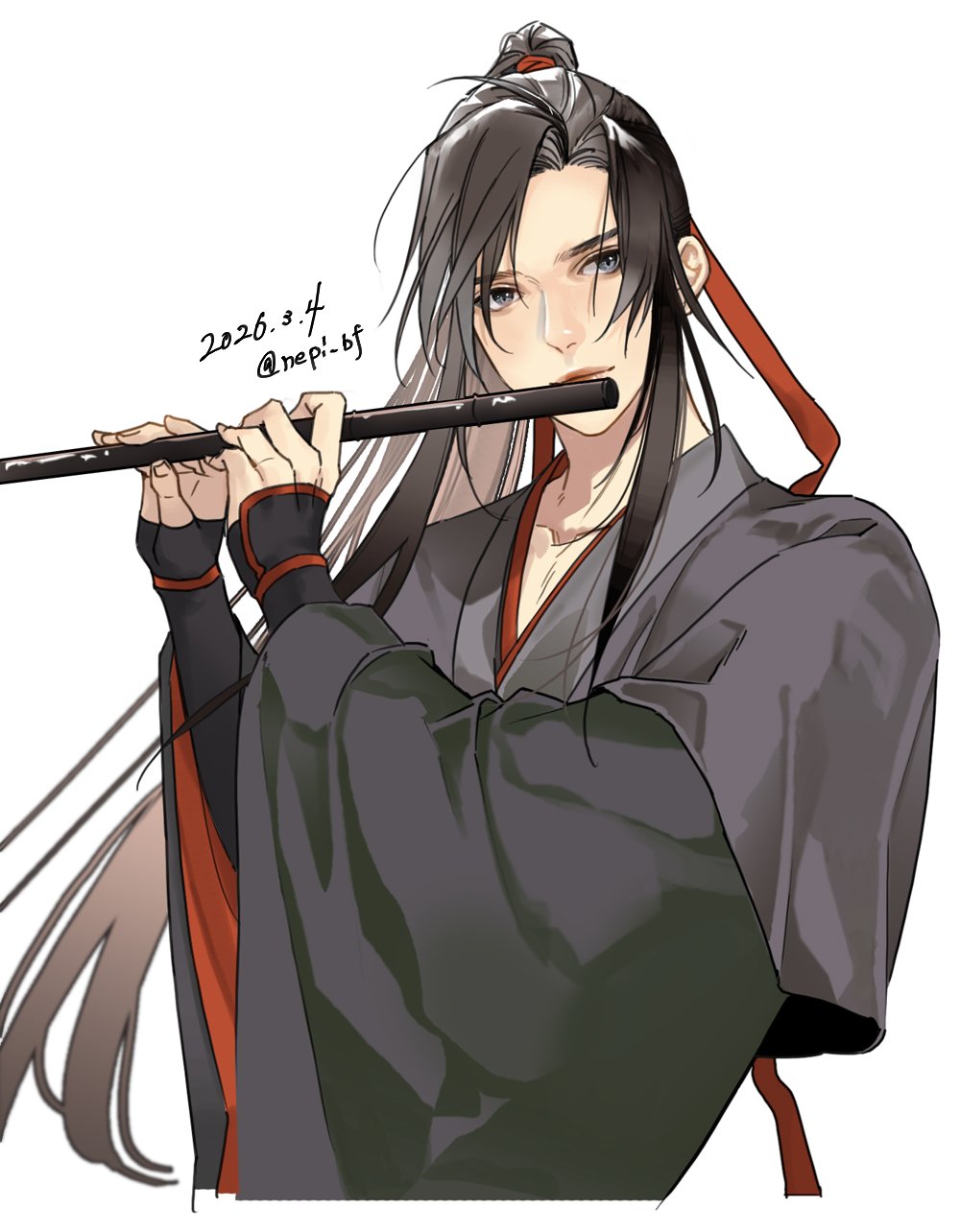 1boy, ahoge, bishounen, black_hair, black_hanfu, chenqing_flute, chinese_clothes, commentary_request