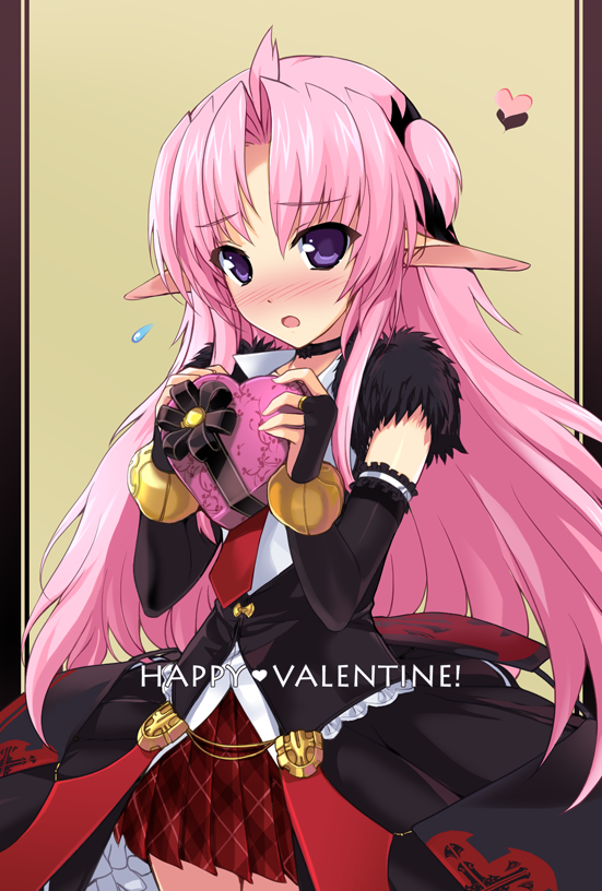 1girl, black_bridal_gauntlets, black_choker, black_coat, black_ribbon, blush, box, bridal_gauntlets