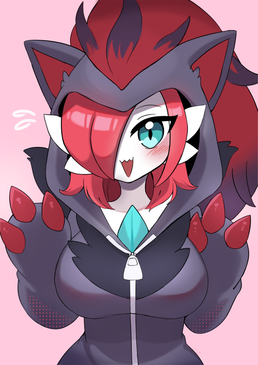 1girl, biyon_tran, blue_eyes, blush, breasts, colored_skin, commentary, commission, cosplay, english_commentary, flying_sweatdrops, gardevoir, gen_3_pokemon, gen_5_pokemon, hair_over_one_eye, highres, hood, hood_up, large_breasts, looking_at_viewer, nintendo, one_eye_covered, onesie, open_mouth, parted_bangs, pink_background, pokemon, pokemon_(creature), red_hair, short_hair, simple_background, smile, solo, upper_body, white_skin, zipper, zipper_pull_tab, zoroark, zoroark_(cosplay)