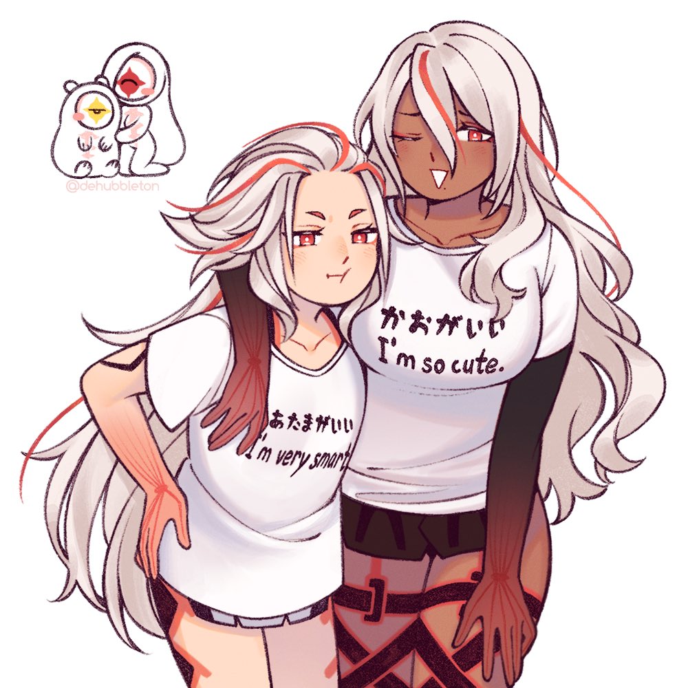 2girls, ai_the_somnium_files, ai_the_somnium_files:_nirvana_initiative, aiba_(ai_the_somnium_files), breasts, clothes_writing, collarbone, dark-skinned_female