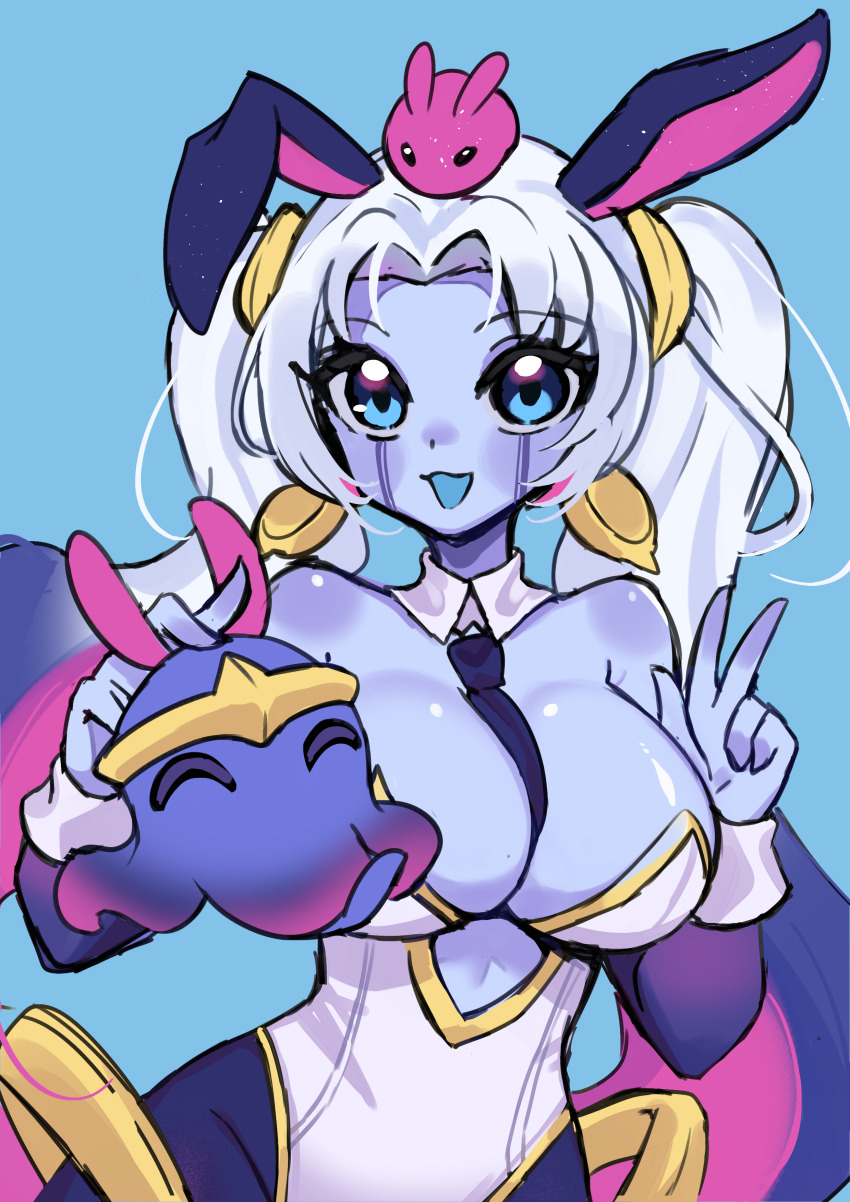 1girl, absurdres, animal_ears, bare_shoulders, between_breasts, biyon_tran, blue_background, blue_eyes