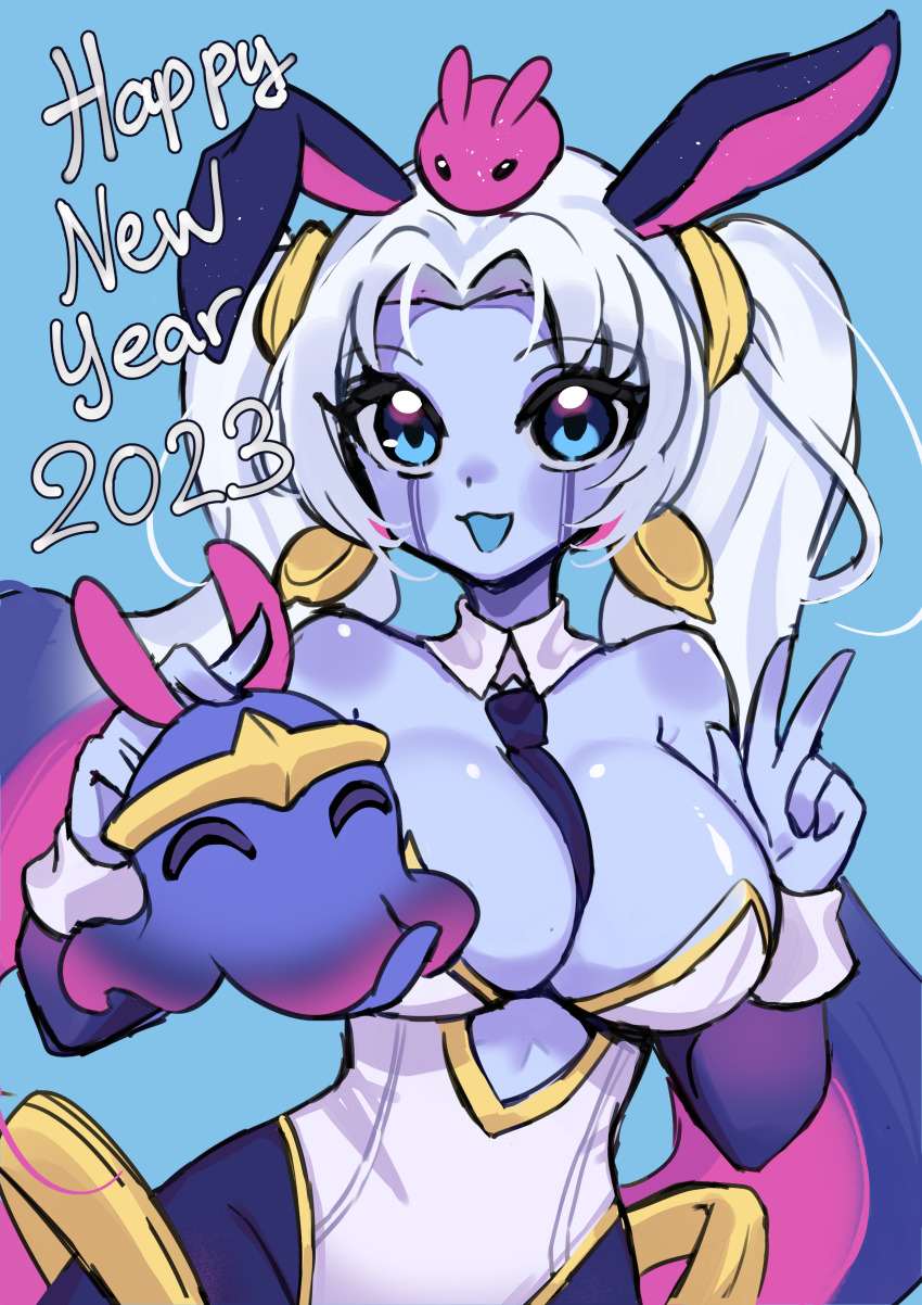 1girl, 2023, absurdres, animal_ears, bare_shoulders, between_breasts, biyon_tran, blue_background