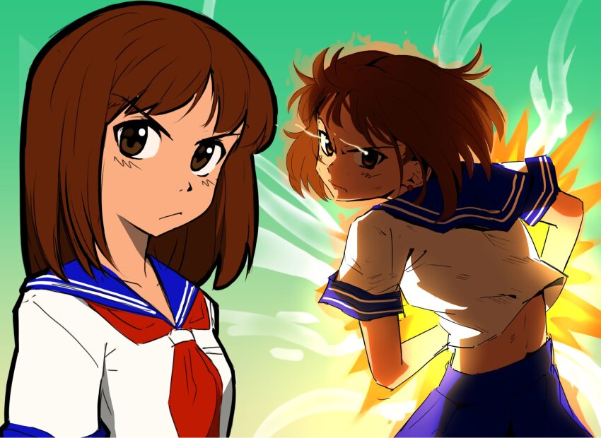 1girl, blue_sailor_collar, blue_skirt, brown_eyes, brown_hair, closed_mouth, collarbone, commentary, earrings, english_commentary, from_behind, highres, janken_game_acchi_muite_hoi!, jewelry, looking_at_viewer, multiple_views, neckerchief, optaku, red_neckerchief, sailor_collar, school_uniform, serafuku, serious, short_hair, short_sleeves, skirt, tomomi_(janken_game_acchi_muite_hoi!), white_serafuku