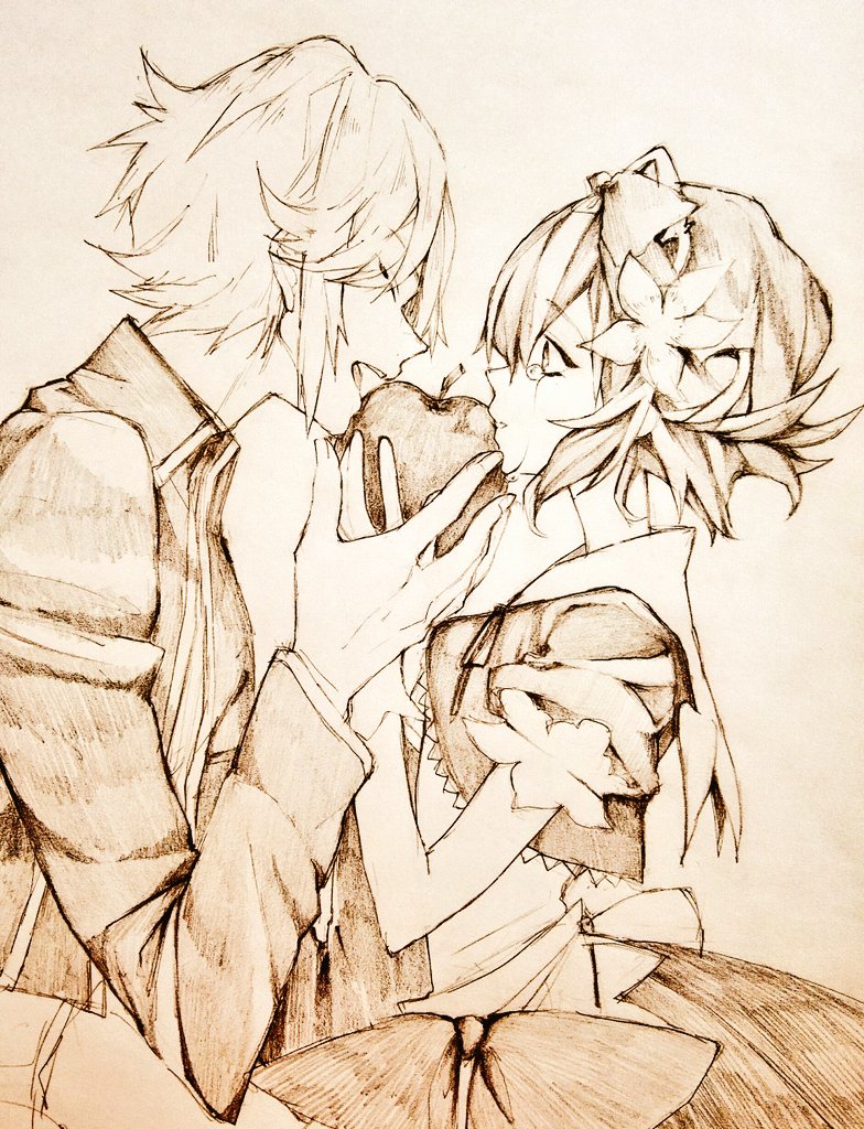 1boy, 1girl, apple, crying, crying_with_eyes_open, food, fruit, gloves