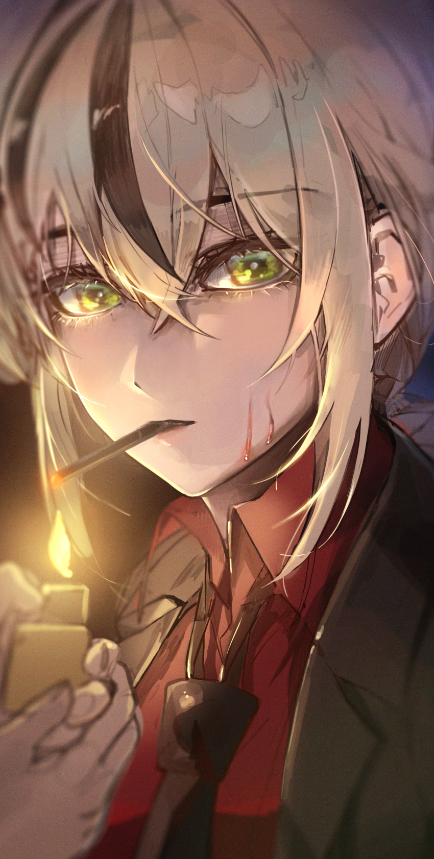 1girl, absurdres, black_hair, black_jacket, black_necktie, blonde_hair, blood, blood_on_face