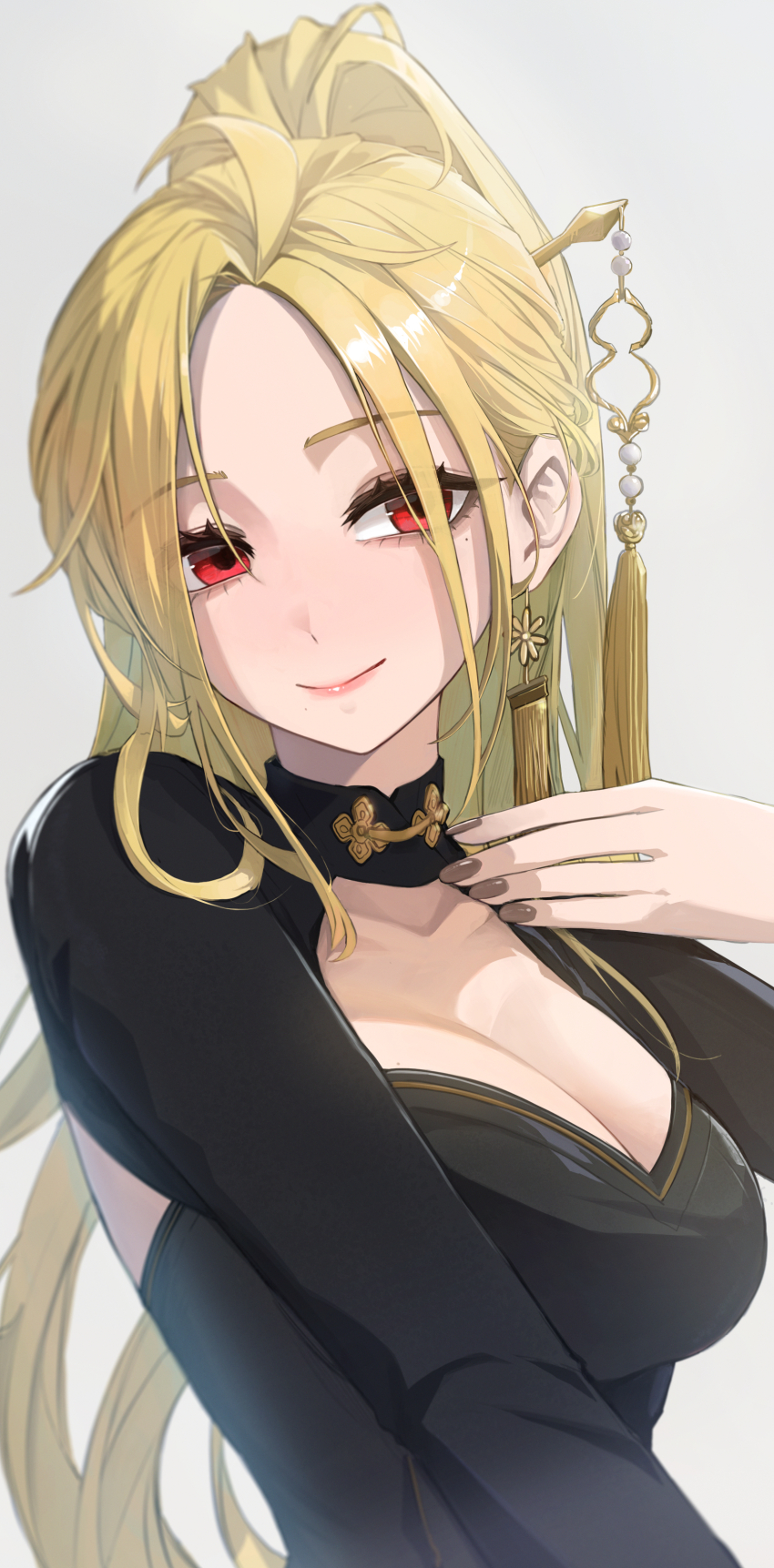 1girl, absurdres, black_dress, blonde_hair, breasts, brown_nails, cleavage, closed_mouth