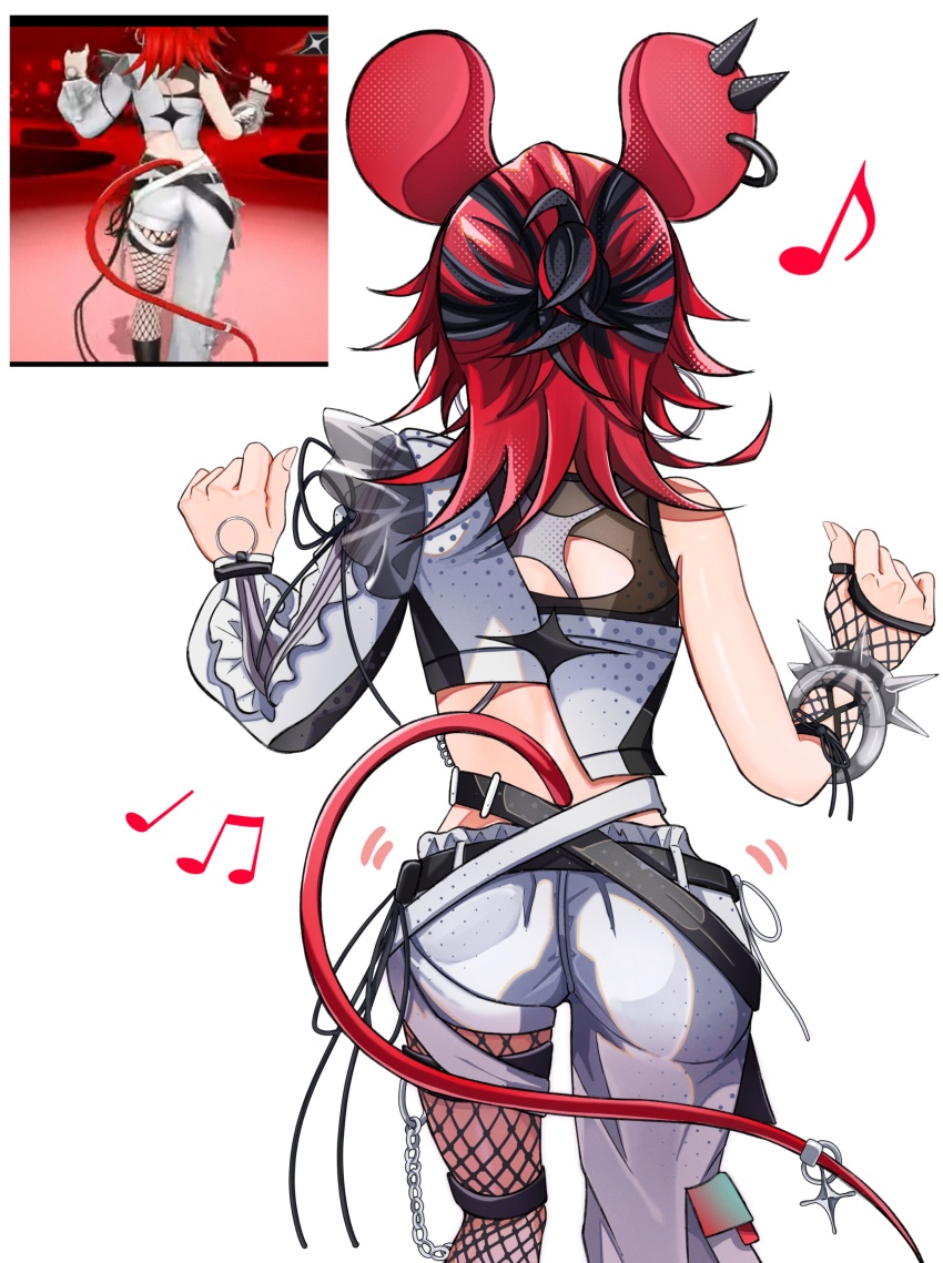 1girl, absurdres, animal_ears, ass, black_hair, fishnets, gummy_candy_93, hair_ornament, hakos_baelz, hakos_baelz_(recolor), highres, hololive, hololive_english, mouse_ears, mouse_girl, mouse_tail, multicolored_hair, official_alternate_costume, red_hair, scene_reference, snake_eyes_(hakos_baelz), solo, streaked_hair, tail, virtual_youtuber