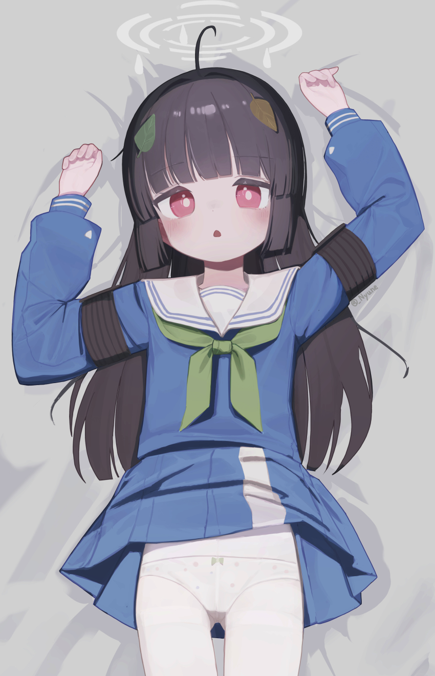 1girl, absurdres, black_hair, blue_archive, blue_shirt, blue_skirt, commentary, green_neckerchief