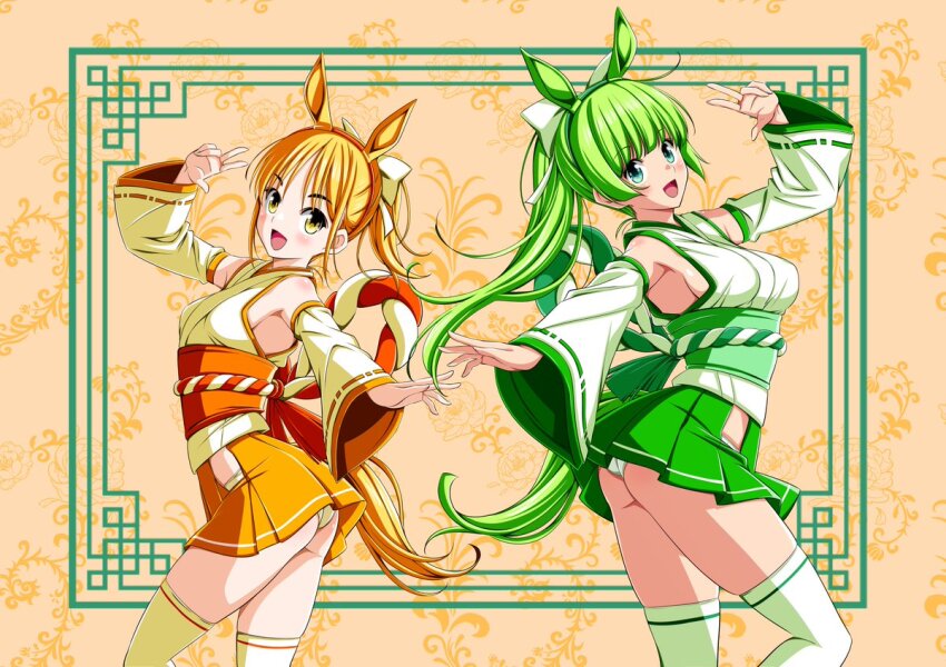 2girls, arched_back, ass, blonde_hair, blush, body_blush, bow, breasts