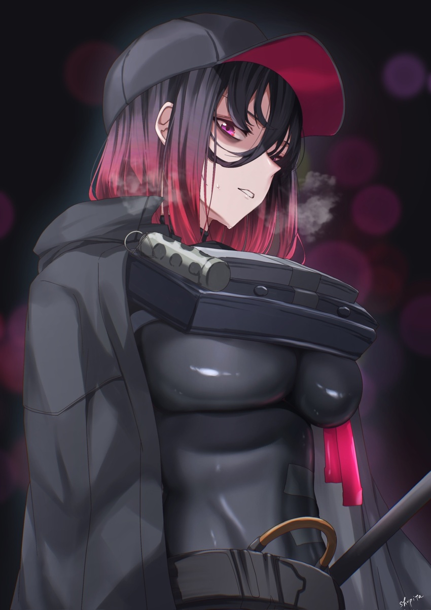 1girl, black_bodysuit, black_cloak, black_hair, black_hat, bodysuit, breasts, breath