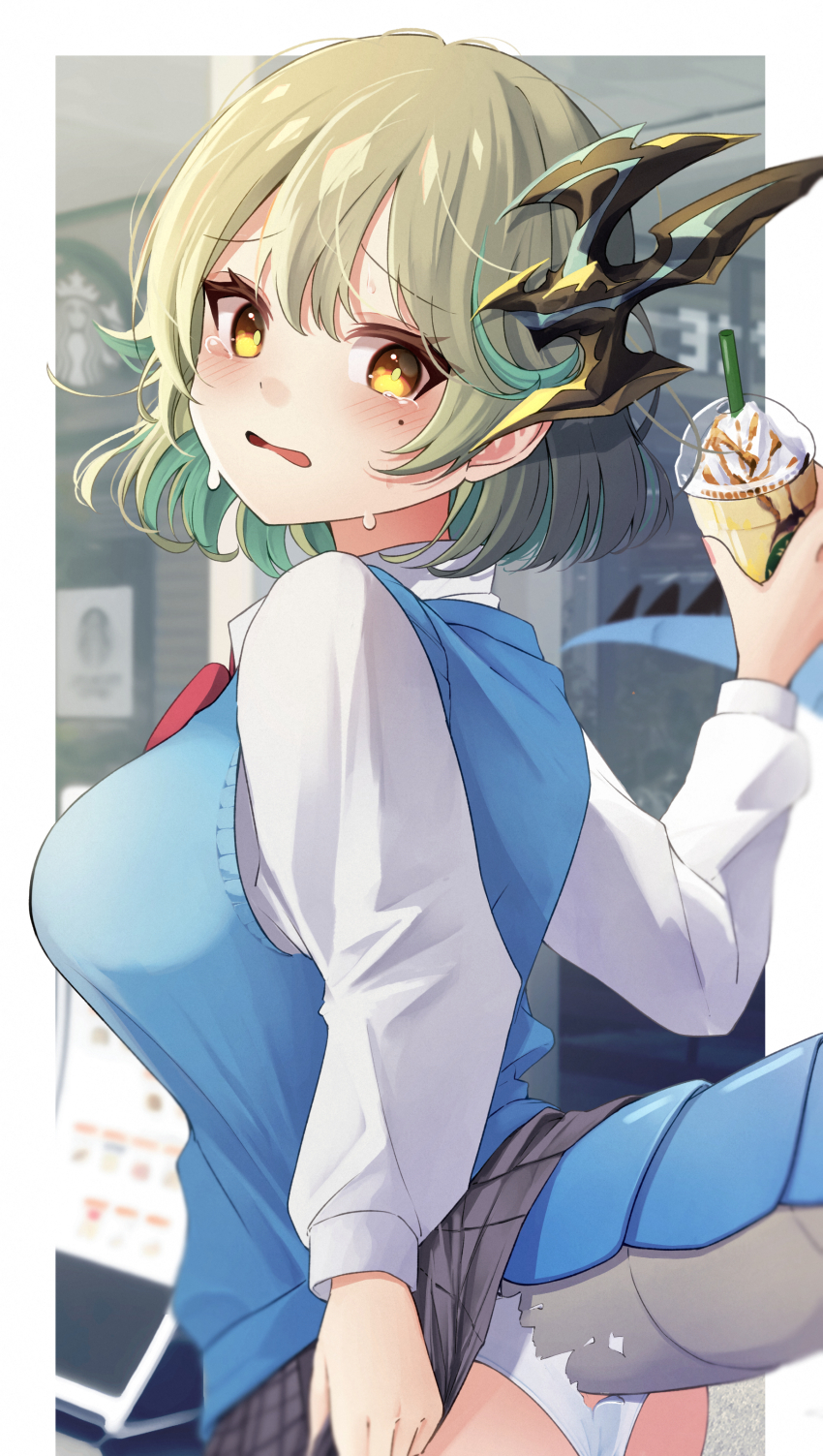 1girl, absurdres, aqua_hair, blue_sweater_vest, blue_tail, colored_inner_hair, commentary_request, cup, disposable_cup, dragon_girl, dragon_horns, dragon_musume_ni_naritakunai!, dragon_tail, drinking_straw, duel_masters, frappuccino, green_hair, grey_skirt, highres, holding, holding_cup, horns, long_sleeves, looking_at_viewer, looking_back, medium_hair, mole, mole_under_eye, multicolored_hair, nagareboshi_asche, open_mouth, panties, pdnt, school_uniform, shirt, skirt, solo, sweater_vest, tail, tears, torn_clothes, torn_panties, underwear, white_panties, white_shirt, yellow_eyes