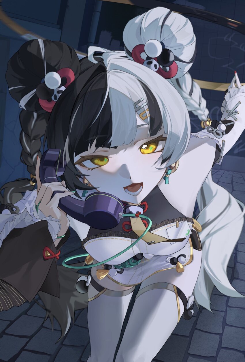 1girl, bare_shoulders, bent_over, black_hair, braid, braided_twintails, breasts, china_dress, chinese_clothes, commentary_request, corded_phone, cowboy_shot, detached_sleeves, dialyn_(zenless_zone_zero), dress, earrings, green_nails, hair_extensions, hair_intakes, hair_ornament, hairclip, highres, holding, holding_phone, id_card, jewelry, long_hair, looking_at_viewer, mmmi00745393271, multicolored_hair, multicolored_nails, necktie, open_mouth, panda_hair_ornament, phone, red_nails, ring_hair_extensions, shirt, small_breasts, solo, sparkling_eyes, split-color_hair, thighhighs, white_dress, white_shirt, white_thighhighs, yellow_eyes, yellow_necktie, zenless_zone_zero