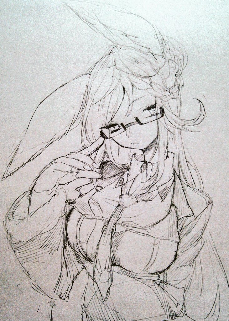 1girl, animal_ears, braid, breasts, collared_shirt, fingernails, fur-trimmed_sleeves, fur_trim, glasses, grimms_notes, hand_up, jacket, large_breasts, looking_to_the_side, may_rabbit_(grimms_notes), monochrome, necktie, parted_bangs, rabbit_ears, rabbit_girl, shino_(5no), shirt, simple_background, solo, traditional_media, upper_body, wide_sleeves