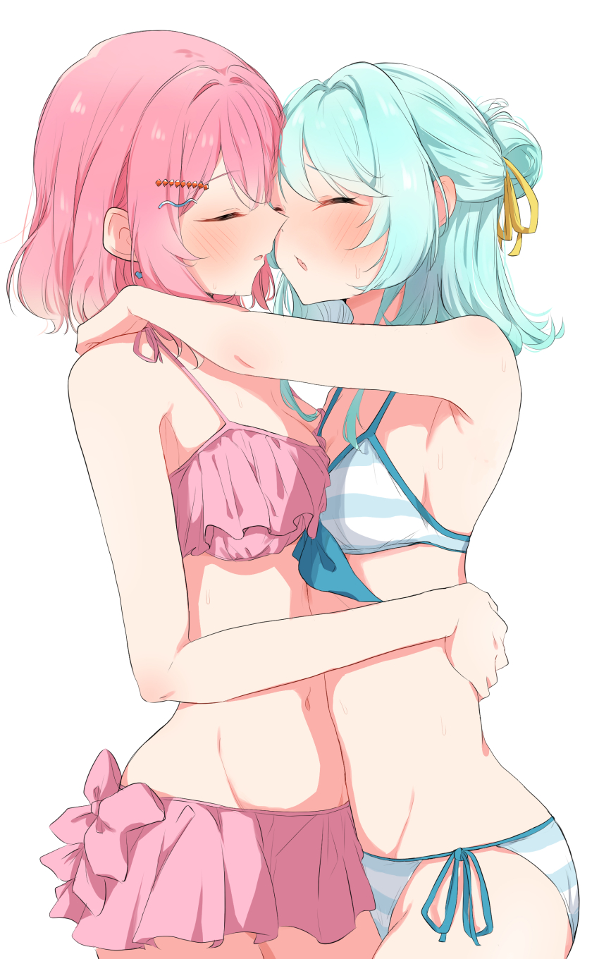 2girls, absurdres, amaori_renako, aqua_hair, arms_around_neck, bare_arms, bikini, blue_bikini