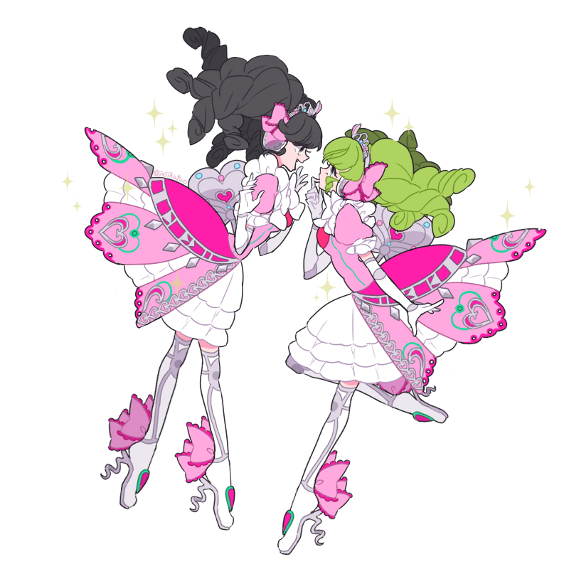 2girls, black_hair, boots, bow, commentary_request, dress, eye_contact, face-to-face