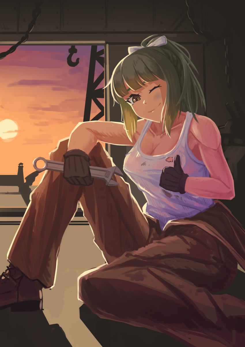 1girl, absurdres, black_gloves, breasts, brown_eyes, brown_jumpsuit, commentary_request, gloves