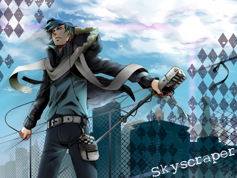 1boy, blue_eyes, blue_hair, casual, cityscape, earphones, hood, hooded_jacket, jacket, kaito_(vocaloid), male_focus, matching_hair/eyes, microphone, microphone_stand, scarf, sky, solo, soukaikei_non, vintage_microphone, vocaloid, wind