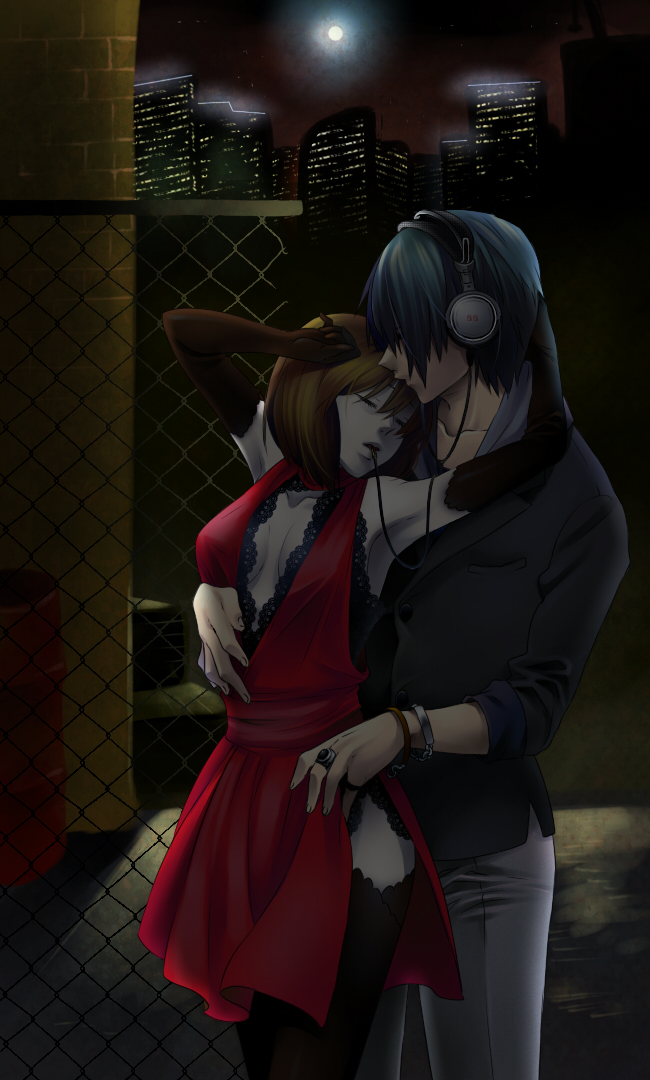 1boy, 1girl, blue_hair, bracelet, brown_hair, cityscape, closed_eyes, dress