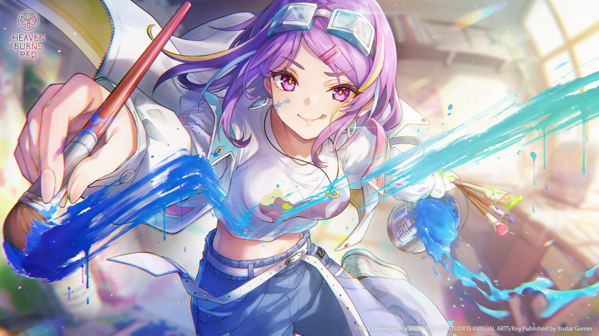 >:), 1girl, :p, art_brush, belt, blonde_streaks, blue_pants, blue_streaks