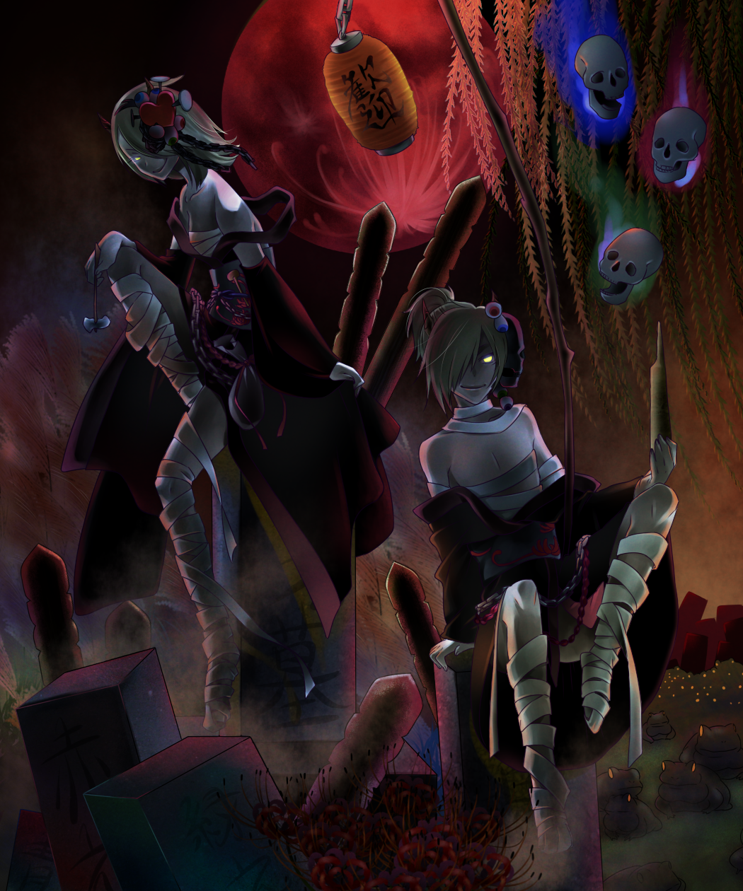 1boy, 1girl, bandages, bare_shoulders, blonde_hair, brother_and_sister, creepy, dark