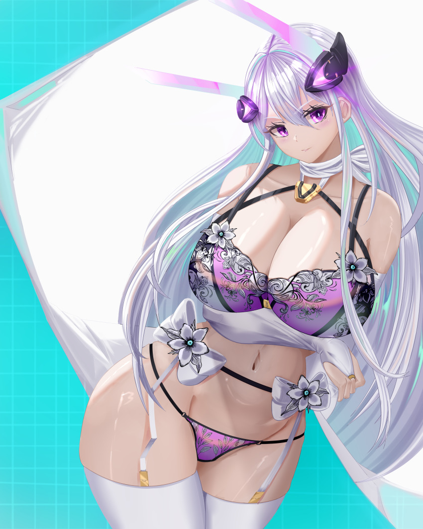 1girl, absurdres, alternate_costume, aqua_hair, arm_under_breasts, artknight045, azur_lane, bare_shoulders, bra, breasts, bridal_gauntlets, cleavage, collarbone, colored_inner_hair, commentary_request, flower, headgear, highres, huge_breasts, kearsarge_(azur_lane), lingerie, long_hair, multicolored_hair, o-ring, o-ring_bottom, o-ring_panties, panties, purple_bra, purple_eyes, purple_panties, solo, thighhighs, two-tone_hair, underwear, very_long_hair, white_flower, white_thighhighs