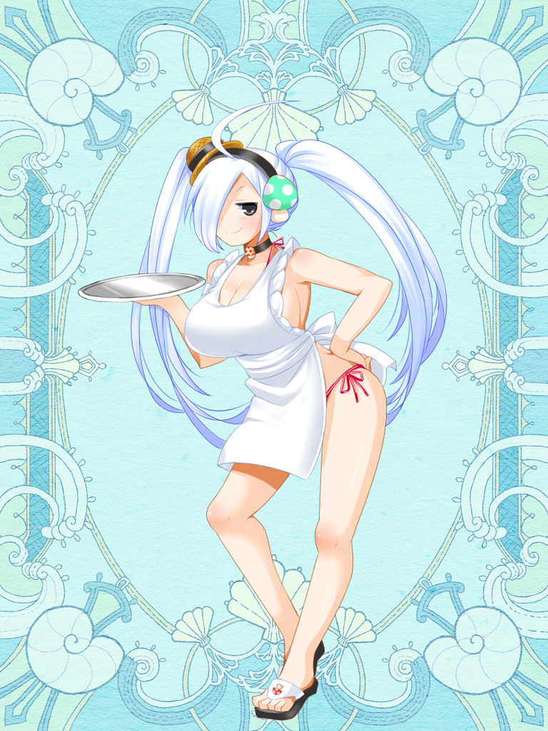 1girl, ahoge, apron, bikini, black_eyes, breasts, cleavage, food-themed_hair_ornament