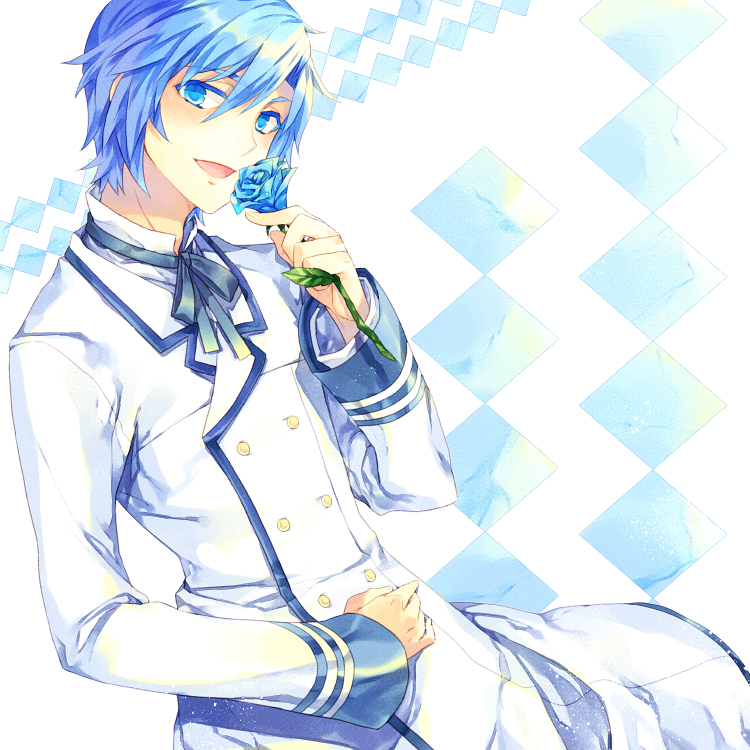 1boy, blue_eyes, blue_flower, blue_hair, blue_rose, flower, formal_clothes, kaito_(vocaloid)