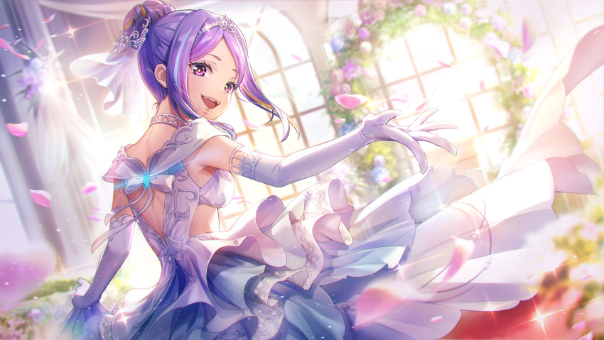 1girl, :d, back, back_bow, backlighting, bare_shoulders, blonde_streaks, blue_flower, blue_streaks, blurry, blurry_background, bow, breasts, bridal_veil, bride, choker, cowboy_shot, day, dress, dutch_angle, elbow_gloves, eyelashes, falling_petals, floating_clothes, floating_hair, flower, from_behind, glint, gloves, hair_bun, happy, heaven_burns_red, highres, holding_own_dress, indoors, ishii_iroha, ishii_iroha_(happiness_chroma), long_dress, looking_at_viewer, looking_back, medium_breasts, medium_hair, multicolored_hair, official_alternate_costume, official_alternate_hairstyle, official_art, open_mouth, outstretched_arm, outstretched_hand, parted_bangs, petals, pink_flower, purple_eyes, purple_hair, reaching, reaching_towards_viewer, sidelocks, single_hair_bun, sleeveless, sleeveless_dress, smile, solo, sparkle, streaked_hair, teeth, third-party_source, tiara, upper_teeth_only, veil, wedding, wedding_dress, white_bow, white_choker, white_dress, white_gloves, white_tiara, white_veil, window, yellow_pupils