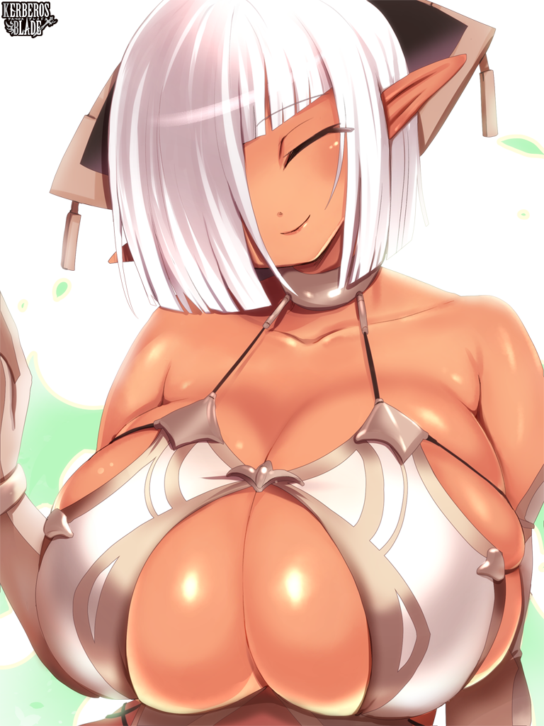 1girl, blunt_bangs, breasts, cleavage, closed_eyes, copyright_name, dark-skinned_female, dark_skin, eres_vilgodream, full_body, hair_over_one_eye, hand_up, huge_breasts, kerberos_blade, large_breasts, pointy_ears, solo, upper_body, white_hair