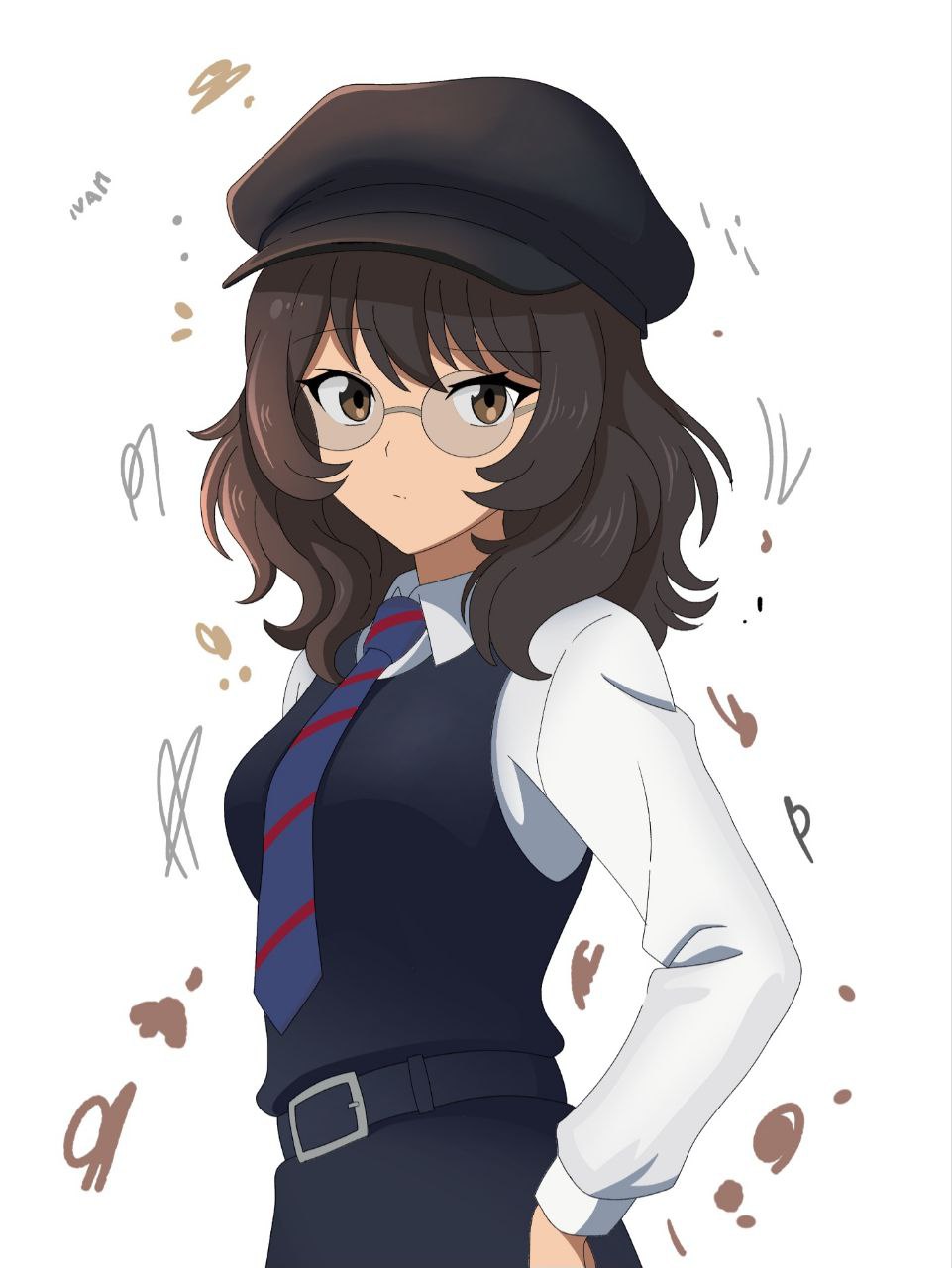 andou_(girls_und_panzer), bc_freedom_school_uniform, black_hat, brown_eyes, brown_hair, commentary, girls_und_panzer, glasses