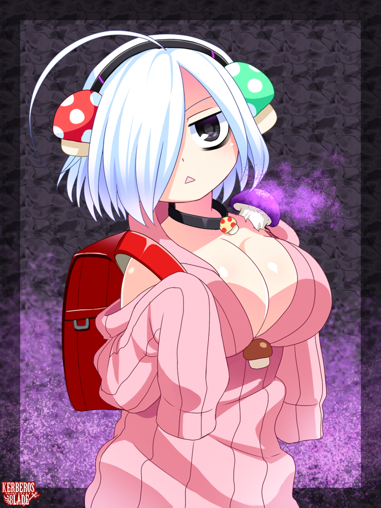 1girl, ahoge, backpack, bag, black_eyes, breasts, choker, cleavage, copyright_name, food-themed_hair_ornament, hair_ornament, hair_over_one_eye, hanpen_(tw), kerberos_blade, large_breasts, looking_at_viewer, mushroom_hair_ornament, pink_shirt, randoseru, satoyama_kinoko, shirt, short_hair, sleeves_past_fingers, sleeves_past_wrists, solo, triangle_mouth, white_hair