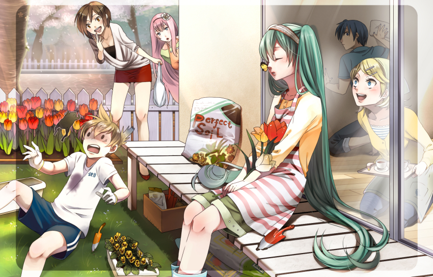2boys, 4girls, aqua_eyes, blonde_hair, blue_eyes, blue_hair, blush, brown_hair, casual, closed_eyes, flower, frog, garden, gardening, hair_flower, hair_ornament, hairband, hairclip, hatsune_miku, highres, kagamine_len, kagamine_rin, kaito_(vocaloid), long_hair, megurine_luka, meiko_(vocaloid), multiple_boys, multiple_girls, open_mouth, outdoors, pink_hair, short_hair, shorts, sitting, skirt, sleeping, sleeves_pushed_up, smile, soukaikei_non, tulip, twintails, very_long_hair, vocaloid