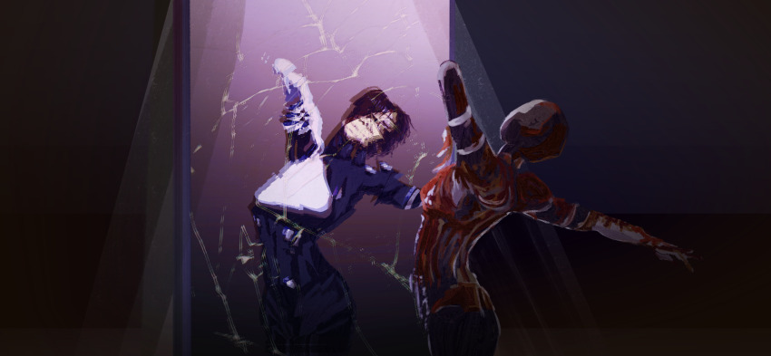 2girls, android, black_hair, closed_eyes, commentary, corrupted_eule_(signalis), cowboy_shot, crack