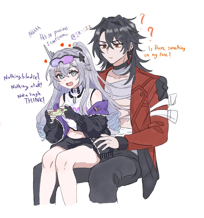 1boy, 1girl, artist_name, bandages, black_gloves, black_hair, blade_(elation)_(honkai:_star_rail), blade_(honkai:_star_rail)