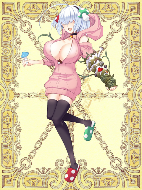 1girl, ahoge, black_thighhighs, breasts, choker, cleavage, food-themed_hair_ornament, full_body, hair_ornament, hair_over_eyes, holding, holding_mushroom, hood, hood_down, jacket, kerberos_blade, large_breasts, mushroom, mushroom_hair_ornament, pink_jacket, plant, satoyama_kinoko, slippers, solo, thighhighs, vines, yellow_background